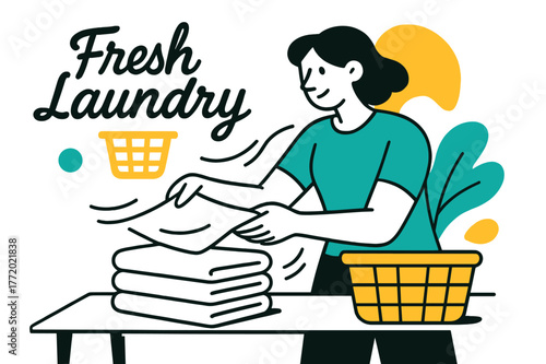 Rhythmic Towel Folding. Folding Station Scene. A person folds crisp towels on a table; soft motion lines show rhythm and calm. ?Fresh Laundry? floats in smooth