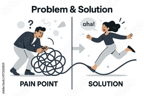 Solving Complex Problems. Pitch Deck ? Problem & Solution. Split scene shows a tangled knot labeled ?pain point? and a smooth line labeled ?solution.? Text