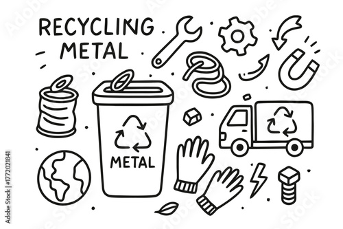 Metal Recycling Doodles. Recycling metal. Hand-drawn doodle illustration recycling metal recycling bin, can, scrap metal, wrench, gear, arrows, magnet, truck,