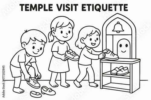Temple Etiquette Coloring Page. Temple visit etiquette children?s coloring book illustration, outlined drawing, visitors removing shoes and placing them on a