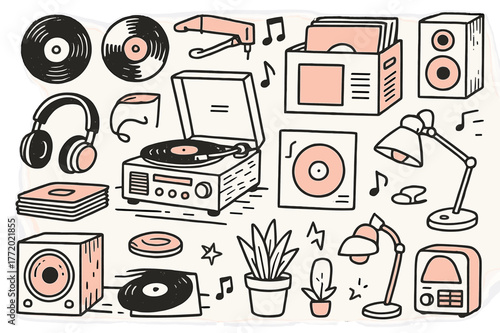 Retro Music Corner. Vintage record player. Hand-drawn doodle illustration record player (colored), vinyl records (colored), turntable (colored), speaker