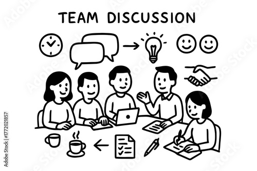 Team Brainstorm Doodles. Team discussion. Hand-drawn doodle illustration team discussion meeting table, group of people, chat bubbles, laptop, notes, coffee