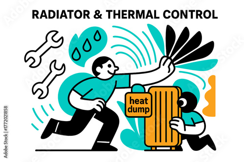 Radiator Control Design. Radiator & Thermal Control. Panel fins bloom like fans as cool lines swirl outward; a tag pings ?heat dump?. Wrenches and droplets