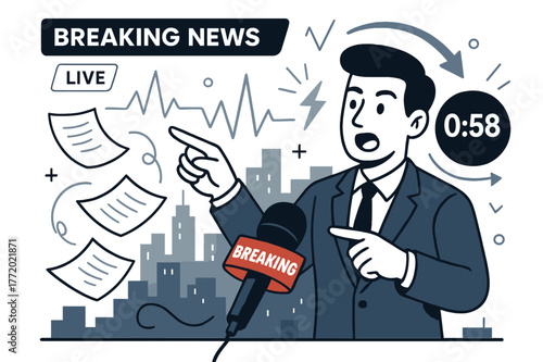 Dynamic News Broadcast. Breaking news live. Red strobe ?BREAKING? banner wraps the mic as papers cascade; the anchor points to a ticking countdown. Waveforms
