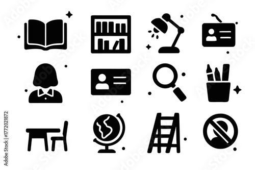 Library Icon Set. Reading at the Library. Solid icons set of Reading at the Library: open book, library shelf, desk lamp, librarian, library card, magnifying