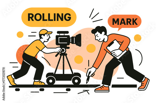 Dolly Rehearsal Scene. Behind-the-scenes filming ? Dolly rehearsal. A camera glides on rails; motion lines sweep as a focus puller tracks the marks. ?ROLLING?