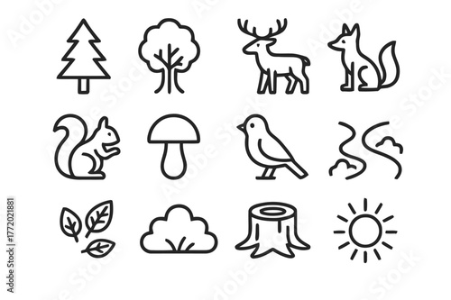 Wild Forest Icons. Wild forest. Line icon set of wild forest: pine tree, oak tree, deer, fox, squirrel, mushroom, bird, river, bush, fallen leaves, tree stump,