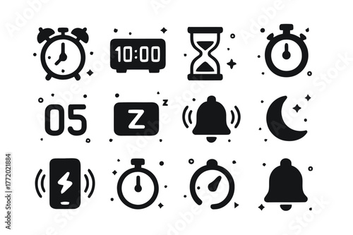Alarm Icon Set. Alarms and Timers. Solid icons set of Alarms and Timers: analog alarm clock, digital clock, hourglass, stopwatch, countdown digits, snooze