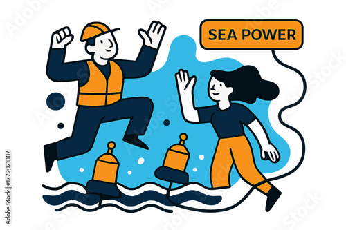 Tidal Energy Illustration. Tidal & Wave Energy. Bobbing floats rhythmically pump as a submarine cable snakes to shore; a tag says ?Sea Power.? Foam dots