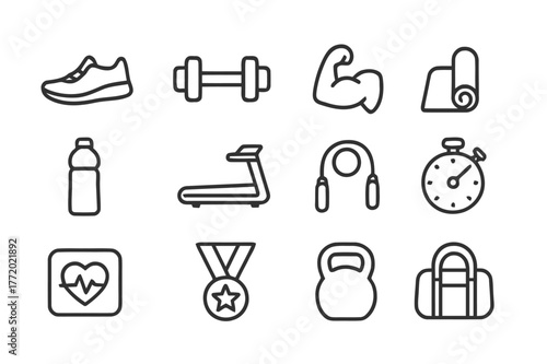 Exercise Icon Set. Exercise inspiration. Line icon set of exercise inspiration: running shoe, dumbbell, flexed bicep, yoga mat, water bottle, treadmill, jump