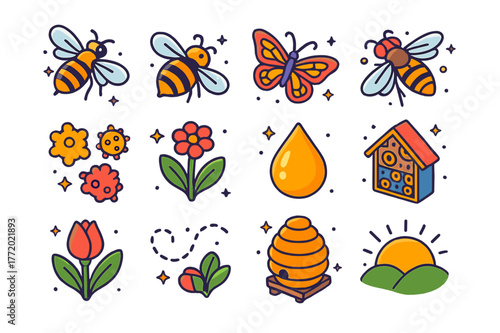 Early Bloom Pollinators. Pollinators in early bloom. Colorful isometric vector icons set of Pollinators in early bloom: honeybee, bumblebee, butterfly,