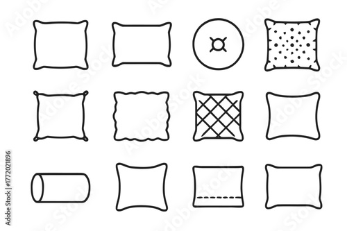 Pillow Icon Set. Pillow Designs. Line icon set of Pillow Designs: square pillow, rectangle pillow, round pillow, patterned pillow, tassel pillow, fluffy