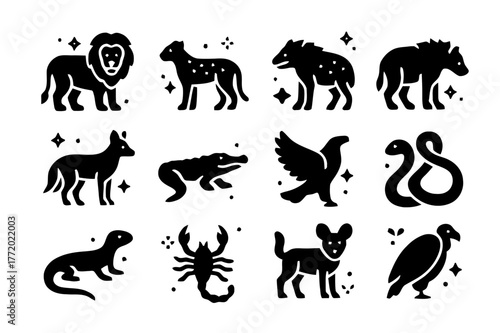 Savanna Predator Icons. Predators of the Savanna. Solid icons set of Predators of the Savanna: lion, cheetah, leopard, hyena, jackal, crocodile, eagle, snake,