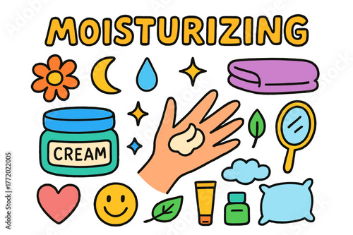 Moisturizing Essentials Doodle. Moisturizing. Colorful Hand-drawn doodle Children illustration Moisturizing cream jar, hand applying cream, flower, moon,