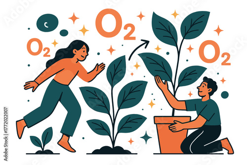 Photosynthetic Oxygen Visual. Oxygen. Plants producing oxygen via photosynthesis with abstract floating O2 molecules and sparkles; conveys ecology,