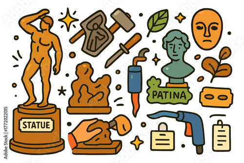 Sculpture Tools Icons. Bronze sculptures. Colorful Hand-drawn doodle Children illustration Bronze sculptures statue, artist hammer, chisel, base pedestal,