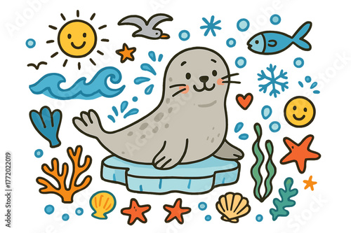 Cute Seal Doodle. Seal. Colorful Hand-drawn doodle Children illustration Seal cute seal, ocean wave, fish, ice floe, snowflake, bubble, sun, seagull, coral,