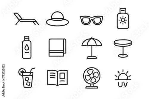 Sunbathing Essentials Icons. Sunbathing. Line icon set of Sunbathing: sun lounger, sun hat, sunglasses, sunscreen, tanning lotion, towel, parasol, side table,