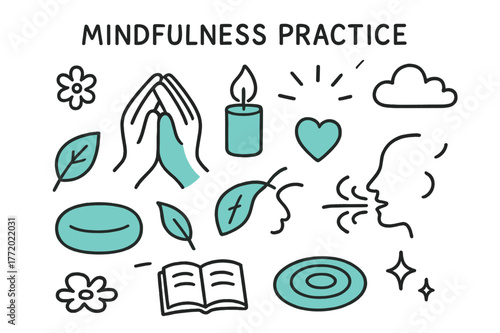 Mindfulness Symbols Illustration. // Mindfulness practice. Hand-drawn doodle illustration Mindfulness practice [clasped hands (accented), candle (accented),