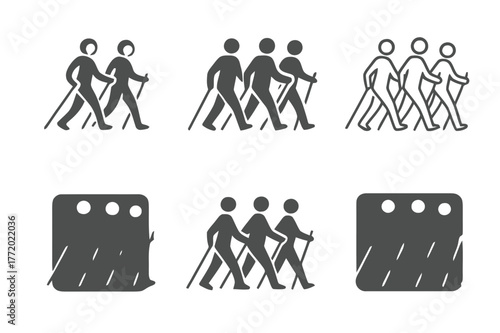 Active Aging Logos. Active aging. Set Logo of Active aging: walking group with poles. harmonious logo variations of the same emblematic concept, each with
