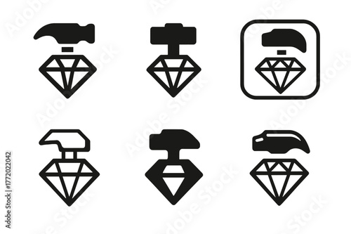 Artisan Jewelry Logos. Local artisan jewelry. Set Logo of Local artisan jewelry: hammer and gem symbol. harmonious logo variations of the same emblematic
