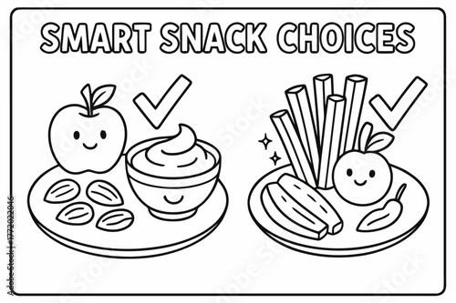 Smart Snack Choices. Smart snack choices children?s coloring book illustration, outlined drawing, two small plates showing nuts, yogurt, fruit, and veggie
