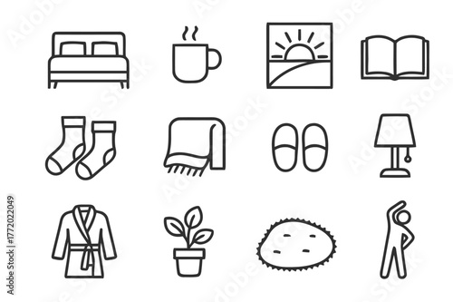 Morning Comfort Icons. Morning Comfort. Line icon set of Morning Comfort: bed with pillows, steaming mug, sunrise window, open book, warm socks, blanket,