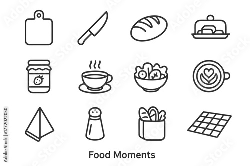Food Icon Collection. Food Moments. Line icon set of Food Moments: cutting board, knife, fresh bread, butter dish, jam jar, steaming bowl, salad plate, latte