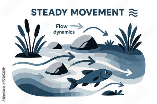 Dynamic River Flow. River Ecosystem ? Flow Dynamics. Curved arrows trace current speed through rocks and reeds; gradient waves fade downstream. Tag ?steady