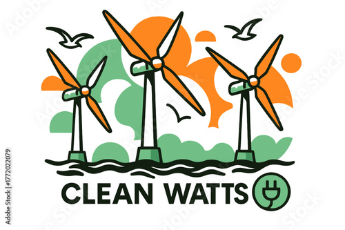 Offshore Wind Elegance. Offshore Wind Turbines. Slow-blade giants turn above gentle waves as seabirds trace tidy arcs; ?Clean Watts? hovers near a cable icon.