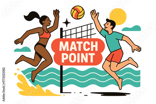 Dynamic Beach Volleyball. People engaging in sports and recreational activities ? Beach volleyball. Players leap midair, sand arcs below as the ball spins;