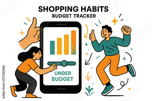 Budget Tracker Display. Shopping Habits ? Budget Tracker. Hands adjust a tidy slider on a phone; bars rise and settle with a soft glow. Caption ?under budget?