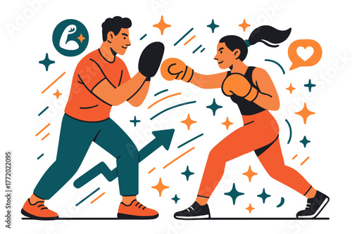 Dynamic Fitness Coaching. Fitness training and personal coaching. Trainer demonstrating boxing techniques with client; abstract floating icons, motion lines,