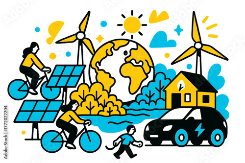 Sustainable Future Vision. sustainable energy. Solar panels and wind turbines generating clean power, a green earth thriving with lush forests and pristine