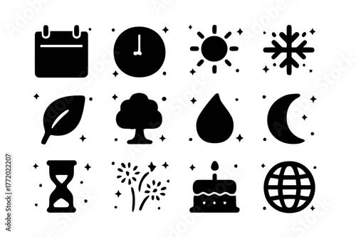 Yearly Icon Summary. Calendar Year. Solid icons set of Calendar Year: calendar, clock, sun, snowflake, leaf, tree, raindrop, moon, hourglass, fireworks,