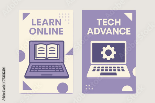 Geometric Learning Banners. Education Technology. Two vertical A6 banners with safe margins, centered composition, no elements touching edges, geometric,