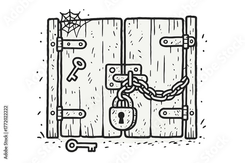 Rusty Gate Doodle. Locked Gate. Hand-drawn doodle illustration Locked Gate rusty lock, key, chain, old gate, metal latch, hinges, scratches, cobweb, dust,
