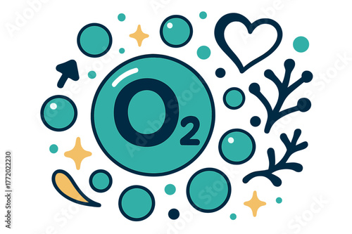 Oxygen Molecular Dance. Oxygen. Molecular oxygen symbol (O2) floating with abstract bubbles and sparkles; emphasizes chemical element, life-support, and air