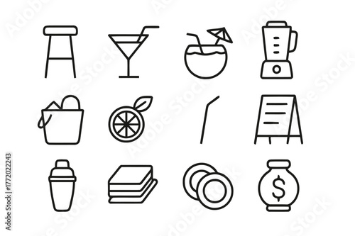 Pool Bar Icon Set. Pool Bar. Line icon set of Pool Bar: bar stool, cocktail glass, coconut drink, blender, ice bucket, fruit garnish, straw, menu board,