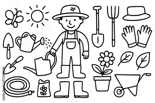 Gardener's Toolkit Doodles. Gardener. Hand-drawn doodle illustration gardener watering can, shovel, rake, gloves, hat, boots, flower pot, trowel, hose,