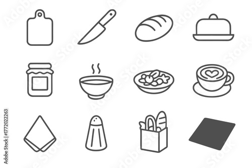Food Moments Icons. Food Moments. Line icon set of Food Moments: cutting board, knife, fresh bread, butter dish, jam jar, steaming bowl, salad plate, latte