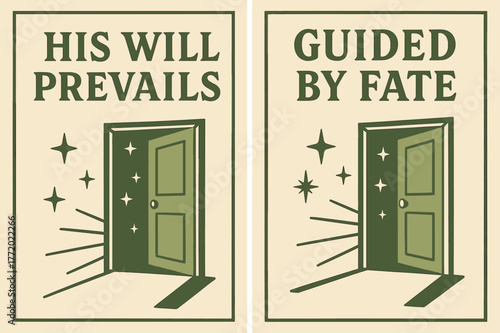 Retro Banners of Destiny. Destiny. Two vertical A6 banners with safe margins, centered composition, no elements touching edges, retro, olive green and cream,