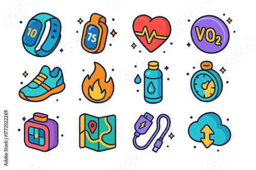 Colorful Fitness Tracker Icons. Fitness trackers. Colorful isometric vector icons set of fitness trackers: wristband tracker, clip-on tracker, heart rate