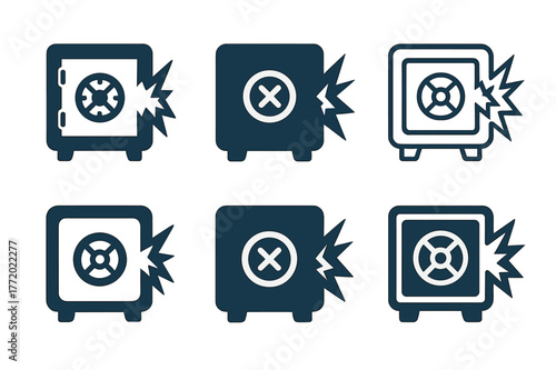 Cybersecurity Logo Variations. Cyber loss risk. Set Logo of Cyber loss risk: data vault with breach. harmonious logo variations of the same emblematic concept,