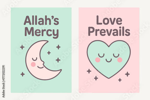 Mercy & Love Banners. Mercy & Love. Two vertical A6 banners with safe margins, centered composition, no elements touching edges, cartoon, pastel mint and pink,