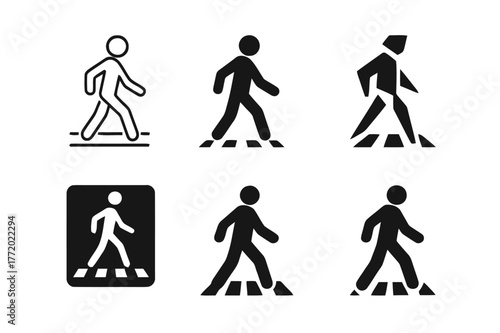 Pedestrian Icon Variations. Traffic Rule Infographic. Set Logo of Pedestrian Crossing Icon: Minimal outline, Filled silhouette, Abstract geometric, Negative