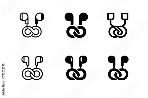 Headphone Cable Logos. Headphone cable knot. Set Logo of Headphone cable knot: earbud cord in pretzel knot. harmonious logo variations of the same emblematic