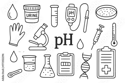 Medical pH Testing Tools. Medical and biological pH testing. Hand-drawn doodle illustration Medical and biological pH testing blood drop, urine sample cup,