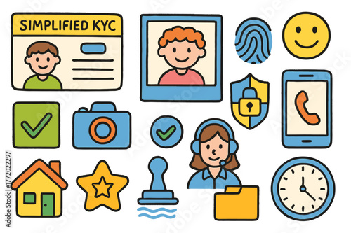 KYC Doodle Icons. Simplified KYC. Colorful Hand-drawn doodle Children illustration Simplified KYC ID card, selfie frame, fingerprint, checklist tick, camera