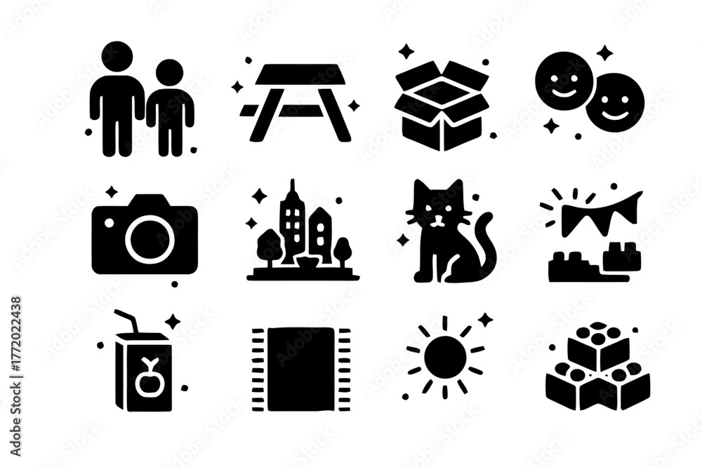 Fototapeta premium Family Fun. Family Day. Solid icons set of Family Day: parent and child, picnic table, open box, smiling faces, camera, completed city, cat pet,